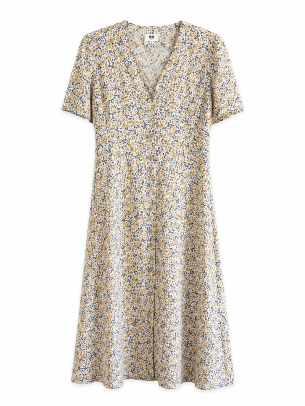 Uniqlo Mustard Yellow & Navy Floral V-Neck Midi Dress – Size Medium EUC